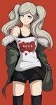  1girl blonde_hair blue_eyes cosplay cowboy_shot eiji_nochi fur-trimmed_jacket fur_trim hair_ornament hairclip hands_in_pockets highres jacket long_hair persona persona_5 red_background sakura_futaba sakura_futaba_(cosplay) shorts simple_background smile solo takamaki_anne thigh-highs twintails 