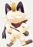  closed_mouth clothed_pokemon commentary_request fangs fangs_out full_body gen_1_pokemon grey_background highres holding looking_up meowth neckerchief no_humans paws pokemon pokemon_(creature) riding_crop shiiiiiiiro solo toes 