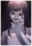  1girl :d absurdres apron bandaged_arm bandaged_hands bandages bangs black_background blunt_bangs blush border collared_shirt commentary_request dangan_ronpa_(series) dangan_ronpa_2:_goodbye_despair finger_to_mouth hand_up highres huge_filesize long_arms long_hair looking_at_viewer mole mole_under_eye open_mouth pin_jiu pink_shirt purple_hair shiny shiny_hair shirt smile solo tsumiki_mikan upper_body upper_teeth violet_eyes white_apron white_border 