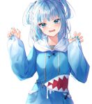  1girl animal_hood bangs blue_eyes blue_hair blue_hoodie blush breasts eyebrows_visible_through_hair fang gao gawr_gura hand_up hands_up hololive hood hoodie long_sleeves looking_at_viewer medium_hair minttchocok multicolored_hair nail_polish open_mouth shark_hood silver_hair simple_background small_breasts solo streaked_hair teeth two_side_up virtual_youtuber white_background white_hair 
