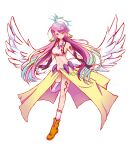  1girl absurdres angel_wings breasts brown_footwear elbow_gloves ella_zhao feathered_wings gloves halo highres jibril_(no_game_no_life) long_hair low_wings magic_circle midriff mismatched_legwear navel no_game_no_life outstretched_arms purple_hair red_eyes sideboob single_thighhigh small_breasts solo standing standing_on_one_leg thigh-highs thighs transparent_background very_long_hair watermark white_wings wing_ears wings 