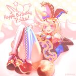  1girl ahoge animal_ears applefootcz blonde_hair breasts cake character_name convenient_leg detached_sleeves food fox_ears fox_tail full_body gloves hair_ornament happy_birthday hat highres hololive icing jester_cap knees_up looking_at_viewer lying medium_breasts messy_hair mismatched_legwear multicolored multicolored_hair multicolored_nails nail_polish omaru_polka on_back pink_eyes reclining red_gloves showgirl_skirt smile solo streaked_hair striped striped_legwear tail thigh-highs thighs twitter_username v vertical-striped_legwear vertical_stripes virtual_youtuber wrist_cuffs x_hair_ornament 