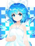  1girl absurdres alternate_costume bangs blue_eyes blue_hair bow cirno dress eyebrows eyebrows_visible_through_hair eyelashes hair_bow highres ice ice_wings looking_at_viewer off-shoulder_dress off_shoulder short_hair sleeveless solo touhou upper_body white_bow white_dress wings yuujin_(yuzinn333) 