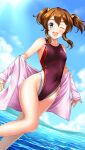  1girl black_swimsuit blue_eyes blue_sky brown_hair clouds commentary_request day dutch_angle highleg highleg_swimsuit highres jacket konoe_haruka long_hair love_live! love_live!_school_idol_festival mountain multicolored multicolored_clothes multicolored_swimsuit ocean one_eye_closed open_clothes open_jacket open_mouth outdoors round_teeth running sidelocks sky solo swimsuit teeth tsuchimiya twintails upper_teeth water white_jacket 