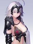  1girl absurdres ahoge armor bangs bra breasts chain collarbone eyebrows_visible_through_hair fate/grand_order fate_(series) fur_trim gauntlets grey_eyes headpiece highres jeanne_d&#039;arc_(alter)_(fate) jeanne_d&#039;arc_(fate)_(all) looking_at_viewer mac_star short_hair silver_hair simple_background solo underwear 