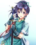  1girl :d blue_hair blush commission fingerless_gloves fir_(fire_emblem) fire_emblem fire_emblem:_the_binding_blade fire_emblem_heroes gloves gradient gradient_background holding holding_sword holding_weapon kakiko210 open_mouth ponytail sheath sheathed short_sleeves skeb_commission smile solo sword violet_eyes weapon white_background 