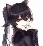  1girl :d animal_ears black_nails brown_hair cat_ears face genshin_impact half-closed_eyes highres hu_tao jewelry long_hair long_sleeves looking_at_viewer nail_polish nazumide open_mouth red_eyes ring simple_background smile solo twintails white_background 