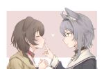  animal_ear_fluff animal_ears black_collar black_shirt braid brown_hair cat_ears closed_eyes closed_mouth collar commentary dog_ears eyebrows_visible_through_hair eyelashes finger_to_another&#039;s_mouth from_side hajime_wataru hands_clasped heart highres hololive index_finger_raised inugami_korone jacket long_sleeves looking_at_another medium_hair nekomata_okayu own_hands_together pink_background portrait profile puckered_lips purple_hair red_collar sailor_collar shirt side_braid simple_background smile violet_eyes virtual_youtuber white_background yellow_jacket yuri 