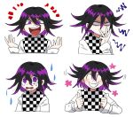  1boy :d bangs black_hair checkered checkered_background checkered_kimono checkered_neckwear checkered_scarf commentary_request constricted_pupils cropped_torso dangan_ronpa_(series) dangan_ronpa_v3:_killing_harmony expression_chart floral_print furukawa_(yomawari) grin hair_between_eyes hands_up highres jacket japanese_clothes kimono long_sleeves looking_at_viewer male_focus open_mouth ouma_kokichi purple_hair scarf shiny shiny_hair short_hair simple_background smile straitjacket tearing_up tears unmoving_pattern upper_body upper_teeth violet_eyes white_background wide-eyed 