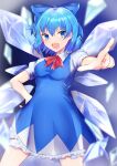  1girl :d bloomers blue_dress blue_hair blue_ribbon blurry blurry_background blurry_foreground breasts cirno commentary_request dress eyebrows_visible_through_hair hair_between_eyes hair_ribbon hand_on_hip legs_apart looking_at_viewer open_mouth outstretched_arm partial_commentary petticoat pinafore_dress pointing pointing_at_viewer puffy_short_sleeves puffy_sleeves red_neckwear red_ribbon ribbon shirt short_sleeves small_breasts smile solo tottoripiyo touhou underwear white_shirt wings 