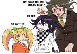  1girl 2boys :d anger_vein arm_up bangs black_hair blazer blonde_hair bow cat_hair_ornament checkered checkered_scarf cropped_legs cropped_torso crossed_arms dangan_ronpa_(series) dangan_ronpa_2:_goodbye_despair dangan_ronpa_v3:_killing_harmony furukawa_(yomawari) glasses gokuhara_gonta green_hair hair_bow hair_ornament highres jacket japanese_clothes kimono long_hair long_sleeves multicolored_hair multiple_boys necktie obi open_mouth ouma_kokichi purple_hair red_eyes round_eyewear saionji_hiyoko sash scarf school_uniform short_hair simple_background smile straitjacket teeth twintails two-tone_hair upper_body upper_teeth violet_eyes white_background 