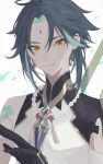  1boy absurdres arm_tattoo bangs bead_necklace beads black_gloves facial_mark forehead_mark genshin_impact gloves green_hair highres jewelry male_focus necklace poi_poifu simple_background sleeveless smile solo tassel tattoo upper_body white_background xiao_(genshin_impact) yellow_eyes 