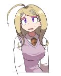  1girl ahoge akamatsu_kaede annoyed bangs blonde_hair breasts collared_shirt commentary_request cropped_torso dangan_ronpa_(series) dangan_ronpa_v3:_killing_harmony furukawa_(yomawari) hair_ornament highres large_breasts long_hair long_sleeves looking_at_viewer musical_note_hair_ornament necktie open_mouth school_uniform shiny shiny_hair shirt simple_background solo sweatdrop sweater_vest upper_body upper_teeth violet_eyes white_background white_shirt 