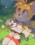  1boy absurdres blue_eyes blush c52278 dated drawing english_commentary fox_boy furry gloves grass highres holding holding_pen huge_filesize male_focus pen shadow shoes sitting solo sonic_the_hedgehog tails_(sonic) white_gloves 