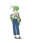  1girl :d antennae black_footwear blue_pants blush bob_cut cellphone colored_sclera colored_skin contrapposto denim extra_hands full_body green_hair grey_sweater hand_on_hip highres holding holding_phone inverted_bob jeans korean_commentary mantis-chan_(sparrowl) mantis_girl monster_girl open_mouth original pants phone pigeon-toed shoes short_hair simple_background smartphone smile solo sparrowl sweater white_background yellow_eyes yellow_sclera yellow_skin 