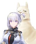  1girl absurdres alpaca animal breasts earpiece eating_hair girls_frontline highres large_breasts light_smile long_sleeves looking_at_viewer rivet_vvrn rpk-16_(girls_frontline) short_hair silver_hair solo strap upper_body violet_eyes white_background 