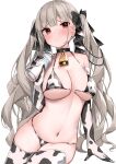  1girl absurdres animal_print azur_lane bell bell_collar bikini black_ribbon bottle breasts collar commentary_request cow_print cowbell elbow_gloves formidable_(azur_lane) gloves hair_ribbon highres holding holding_bottle large_breasts long_hair milk milk_bottle navel nephthys2356 red_eyes ribbon simple_background solo swimsuit twintails two-tone_ribbon white_background white_gloves white_ribbon 