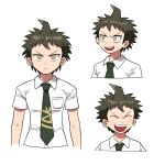  1boy :d ahoge bags_under_eyes bangs blush brown_hair closed_eyes closed_mouth collared_shirt commentary_request cropped_shoulders cropped_torso dangan_ronpa_(series) dangan_ronpa_2:_goodbye_despair expressions frown furukawa_(yomawari) green_neckwear happy highres hinata_hajime looking_at_viewer male_focus multiple_views necktie open_mouth school_uniform shiny shiny_hair shirt short_hair short_sleeves simple_background smile sweatdrop teeth upper_body white_background white_shirt 