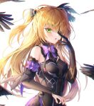  1girl :o bangs bare_shoulders black_dress black_gloves blonde_hair blush bow breasts detached_sleeves dress eyebrows_visible_through_hair eyepatch feathers fischl_(genshin_impact) genshin_impact gloves green_eyes hair_over_one_eye hair_ribbon hand_on_own_face hand_up long_hair looking_at_viewer medium_breasts minttchocok nail_polish parted_lips purple_bow ribbon simple_background single_glove solo two_side_up white_background 