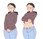  0721kin29n 1girl abs black_hair blue_pants breasts commentary_request glasses grin half-closed_eyes long_hair low_ponytail multiple_views muscular muscular_female navel original pants shirt_lift simple_background smile smug standing sweater undressing white_background 