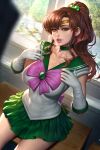  1girl bishoujo_senshi_sailor_moon breasts brown_hair circlet commentary desk gloves green_eyes hair_bobbles hair_ornament kino_makoto large_breasts lips long_hair looking_at_viewer neoartcore parted_lips ponytail sailor_jupiter sitting skirt solo sunlight thighs white_gloves 