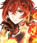  1boy bangs close-up closed_mouth diluc_(genshin_impact) eyebrows_visible_through_hair fire genshin_impact hair_between_eyes long_hair looking_at_viewer male_focus ponytail red_eyes redhead simple_background solo sssss2222 white_background 