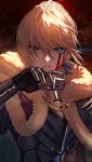  1girl ahoge armor armored_dress artoria_pendragon_(all) bangs blonde_hair blood blood_on_face closed_mouth coat eyebrows_visible_through_hair fate/grand_order fate/stay_night fate_(series) fur_collar gauntlets green_eyes hair_between_eyes highres looking_at_viewer march_ab saber 