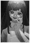  1girl :d absurdres apron bandaged_arm bandaged_hands bandages bangs blunt_bangs blush border collared_shirt dangan_ronpa_(series) dangan_ronpa_2:_goodbye_despair finger_to_mouth greyscale hand_up highres long_arms long_hair looking_at_viewer mole mole_under_eye monochrome open_mouth pin_jiu shiny shiny_hair shirt smile solo tsumiki_mikan upper_body upper_teeth white_border 