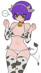  ... 1girl @_@ animal_ears animal_print bell bikini blush breasts choker closed_mouth cow_ears cow_girl cow_horns cow_print cow_tail cowbell detached_sleeves fake_animal_ears fake_horns green_eyes grey_bikini grey_legwear hairband hands_up highres horns large_breasts legs_together long_sleeves navel neck_bell original purple_hair red_choker short_hair side-tie_bikini simple_background solo sparrowl spoken_ellipsis sweatdrop swimsuit tail tail_wagging thigh-highs white_background 