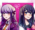  2girls ahrycha bangs blue_eyes blue_hair blunt_bangs blush bow braid closed_mouth collarbone collared_shirt commentary dangan_ronpa:_trigger_happy_havoc dangan_ronpa_(series) eyebrows_visible_through_hair frown hair_ornament hair_ribbon hairclip highres jacket kirigiri_kyouko long_hair looking_at_viewer maizono_sayaka multiple_girls necktie orange_neckwear purple_hair purple_jacket ribbon sailor_collar school_uniform shirt side_braid single_braid smile upper_body violet_eyes white_shirt 