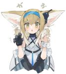  1girl animal_ears arknights bangs black_gloves blonde_hair dress earphones fox_ears gloves green_eyes hair_ornament highres jewelry long_hair looking_at_viewer mikojin neck_ring open_mouth suzuran_(arknights) white_background white_dress 