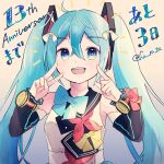 1girl :d anniversary bangs bare_shoulders black_sailor_collar black_sleeves blue_bow blue_eyes blue_hair blush bow brown_background detached_sleeves dress eyebrows_visible_through_hair hair_between_eyes hair_ribbon hands_up haruta_(user_dndp3458) hatsune_miku highres long_sleeves looking_at_viewer open_mouth red_bow ribbon sailor_collar sleeveless sleeveless_dress smile solo translation_request twintails twitter_username upper_teeth v vocaloid white_dress white_ribbon yellow_bow 
