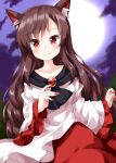  1girl animal_ears brown_hair closed_mouth commentary_request fang highres imaizumi_kagerou long_hair looking_at_viewer red_eyes ruu_(tksymkw) solo touhou wolf_ears 