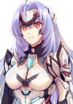  1girl bangs blank_stare blue_hair bodysuit breasts forehead_protector fuwamoko_momen_toufu headgear highres jewelry kos-mos kos-mos_re: large_breasts long_hair parted_bangs purple_hair red_eyes robot serious simple_background solo taut_clothes upper_body white_background xenoblade_chronicles_(series) xenoblade_chronicles_2 xenosaga 