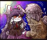  2girls animal_ears beige_jacket black_jacket blazer blue_background blush bunny_tail crescent crescent_pin crying crying_with_eyes_open dress flying_sweatdrops grey_hair hand_up jacket kishin_sagume letterboxed long_hair long_sleeves looking_at_another multiple_girls necktie pink_skirt purple_dress purple_hair rabbit_ears rabbit_girl red_eyes red_neckwear reisen_udongein_inaba shirt short_hair single_wing skirt squatting suenari_(peace) tail tears touhou upper_body wavy_mouth white_shirt wings younger 