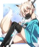  1girl ahoge akatsuki_(ggsy7885) animal_ears artist_name bangs bare_shoulders black_bow black_legwear black_scarf blonde_hair blush bow breasts closed_mouth eyebrows_visible_through_hair fate/grand_order fate_(series) grey_eyes hair_between_eyes hair_bow hair_strand hand_up haori highres holding holding_sword holding_weapon japanese_clothes katana kimono knee_up koha-ace long_sleeves looking_at_viewer medium_breasts medium_hair messy_hair obi okita_souji_(fate) okita_souji_(fate)_(all) open_clothes sash scarf sidelocks sitting sleeveless sleeveless_kimono solo stirrup_legwear sword tail thigh-highs thighs toeless_legwear weapon white_kimono 