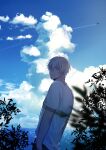  1boy absurdres aircraft airplane amuro_tooru arms_at_sides bangs blonde_hair blue_eyes blue_sky blurry_foreground casual chitose_(chitose_70207) closed_mouth clouds cloudy_sky commentary condensation_trail day hair_between_eyes highres horizon looking_at_viewer looking_back male_focus meitantei_conan outdoors pants plant shirt short_hair short_sleeves sky smile solo standing white_shirt 