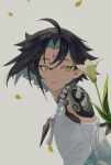 1boy ahoge androgynous aqua_hair black_hair flower from_side genshin_impact green_eyes highres jewelry looking_away multicolored_hair necklace parted_lips petals short_hair solo two-tone_hair upper_body xiao_(genshin_impact) yomotsu00