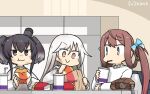  3girls asagumo_(kantai_collection) baseball baseball_bat baseball_mitt black_hair blush brown_hair closed_mouth dated drinking_straw eyebrows_visible_through_hair food grey_eyes hair_between_eyes hamburger hamu_koutarou highres holding holding_food kantai_collection kikuzuki_(kantai_collection) long_hair long_sleeves multiple_girls orange_eyes shirt smile tokitsukaze_(kantai_collection) twintails v-shaped_eyebrows violet_eyes white_hair white_shirt 