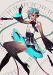  1girl absurdres aqua_hair arm_up black_gloves brown_eyes foot_out_of_frame glint gloves hair_ornament hairclip hatsune_miku high_heels highres leg_up long_sleeves looking_at_viewer one_eye_closed open_mouth oskar_vega see-through_sleeves shadow shirt smile solo twintails vocaloid white_shirt 