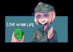  1girl :d blonde_hair blue_eyes cigarette_box english_text erica_(naze1940) hands_together hat heart heart-shaped_pupils highres military open_mouth original short_hair smile symbol-shaped_pupils 