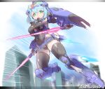  1girl beam_saber blue_destiny_02 blue_hair breasts covered_navel dual_wielding floating green_eyes gundam gundam_side_story:_the_blue_destiny holding holding_sword holding_weapon leotard looking_down mecha_musume medium_breasts personification shield short_hair skin_tight solo sword thigh-highs v-fin v-shaped_eyebrows weapon yazawa_owl 