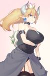  1girl absurdres bare_shoulders black_collar black_garter_straps black_legwear black_leotard blonde_hair blue_eyes bowsette bracelet breast_hold breasts brooch collar commentary_request earrings grey_skirt highres horns huge_breasts jewelry leotard long_hair long_skirt looking_at_viewer super_mario_bros. new_super_mario_bros._u_deluxe no_tail pointy_ears ponytail puk side_slit skirt solo spiked_armlet spiked_bracelet spiked_shell spikes standing strapless strapless_leotard studded_collar super_crown thigh-highs thighs turtle_shell 