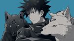  1boy animal bangs blue_background blue_eyes blue_theme closed_mouth commentary dog familiar fingernails fushiguro_megumi gakuran hair_between_eyes hand_on_another&#039;s_head high_collar highres jacket jujutsu_kaisen long_sleeves looking_to_the_side male_focus monochrome petting sayshownen school_uniform serious short_hair spiky_hair spot_color twitter_username upper_body watermark 