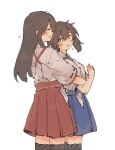  2girls akagi_(kantai_collection) black_legwear blue_hakama brown_eyes brown_hair cowboy_shot hakama hakama_skirt highres hug hug_from_behind ina_(1813576) japanese_clothes kaga_(kantai_collection) kantai_collection kimono long_hair multiple_girls red_hakama remodel_(kantai_collection) side_ponytail simple_background standing tasuki thigh-highs white_background white_kimono 