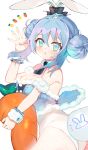  1girl animal_ears arm_strap atsumi_jun bicute_bunnies_miku black_neckwear blue_eyes blue_hair blue_nails cowboy_shot double_bun ear_ribbon fingernails fishnet_legwear fishnets hand_up hatsune_miku holding holding_stuffed_toy leotard looking_at_viewer mini_necktie nail_polish pantyhose parted_lips rabbit_ears solo standing stuffed_carrot stuffed_toy tied_ears vocaloid white_leotard wristband 