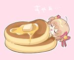  1girl blonde_hair butter closed_eyes commentary_request food hair_ornament hair_ribbon hoshimame_mana in_food kamikita_komari little_busters!! lying oversized_food oversized_object pancake pink_background red_ribbon ribbon short_hair simple_background sleeping solo star_(symbol) star_hair_ornament translation_request 