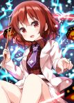  1girl :d commentary_request drumsticks feet_out_of_frame highres holding holding_drumsticks horikawa_raiko looking_at_viewer open_mouth red_eyes redhead ruu_(tksymkw) short_hair sitting smile solo touhou 