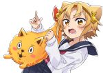  1girl blonde_hair eyebrows_visible_through_hair fangs food hairband looking_at_viewer open_mouth poppu school_uniform serafuku short_hair shrimp shrimp_tempura tempura yatogame-chan_kansatsu_nikki yatogame_monaka yellow_eyes 