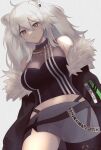  1girl absurdres ahoge animal_ears breasts fur-trimmed_jacket fur_trim grey_eyes grey_hair highres hololive huge_filesize jacket kachikachipiroo large_breasts lion_ears long_hair midriff navel shishiro_botan single_thighhigh skirt thigh-highs virtual_youtuber 